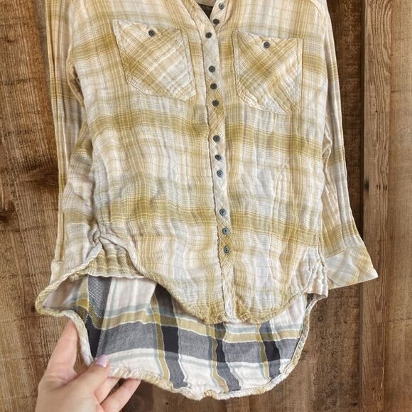 Free People Cotton Double Dip Flannel Button Down Plaid Shirt- Yellow/cream - Picture 3 of 9